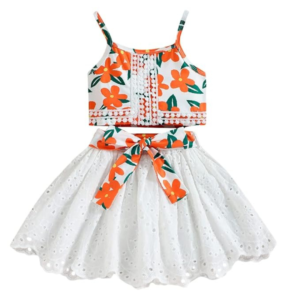 Twirl & Shine Set Girls Polyester Floral Print Slim Fit Blouse and Skirt Set in Orange Color
