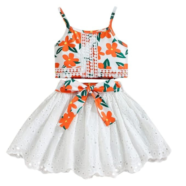 Twirl & Shine Set Girls Polyester Floral Print Slim Fit Blouse and Skirt Set in Orange Color
