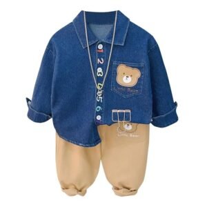 Lil’ Explorer Set Bold N Elegant Boys Full Sleeve Denim Shirt with Khaki Pants,