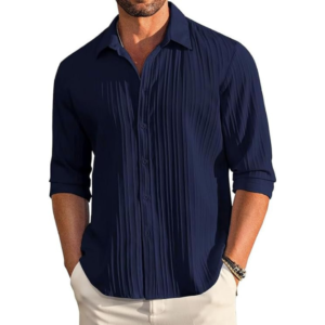 Skyline Classic – Men’s Blue Shirt Long Sleeve Linen Shirt Fashion Textured Beach Summer Shirts
