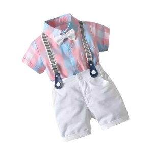 Little Desi Breeze Set  Kids Boys Printed Cotton Short Sleeve Collared Neck Ethnic Wear Spandex Shirt & Shorts with Bow tie